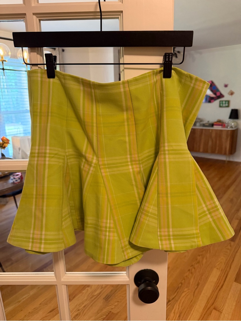Anthropologie Maeve Lime Plaid Flared Skirt